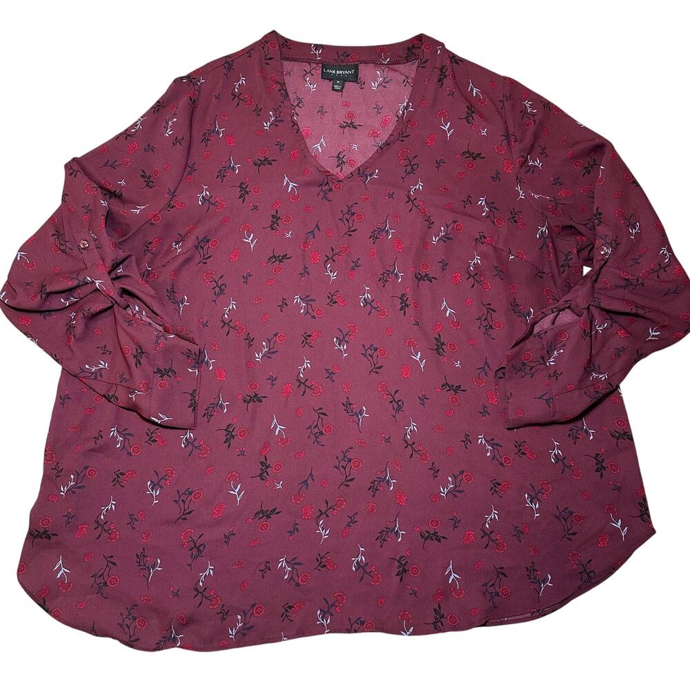 Lane Bryant Top Women’s Size 16 Burgundy Floral V Neck Long Roll Tab Sleeve